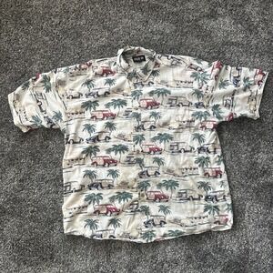 Vintage Keeler Bay Hawaiin Shirt Men Large Beige AOP Cars Print Palm Tree Cotton